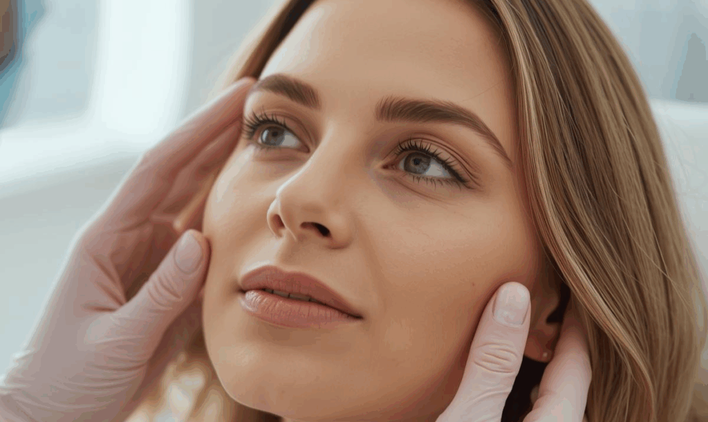 Woman consulting with a medical aesthetics provider during a personalized facial assessment.