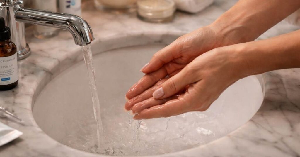 Hands at a marble sink preparing to wash the face as part of an evening skincare routine.