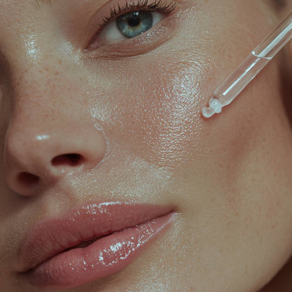 Person with clear, radiant skin against a snowy winter background.