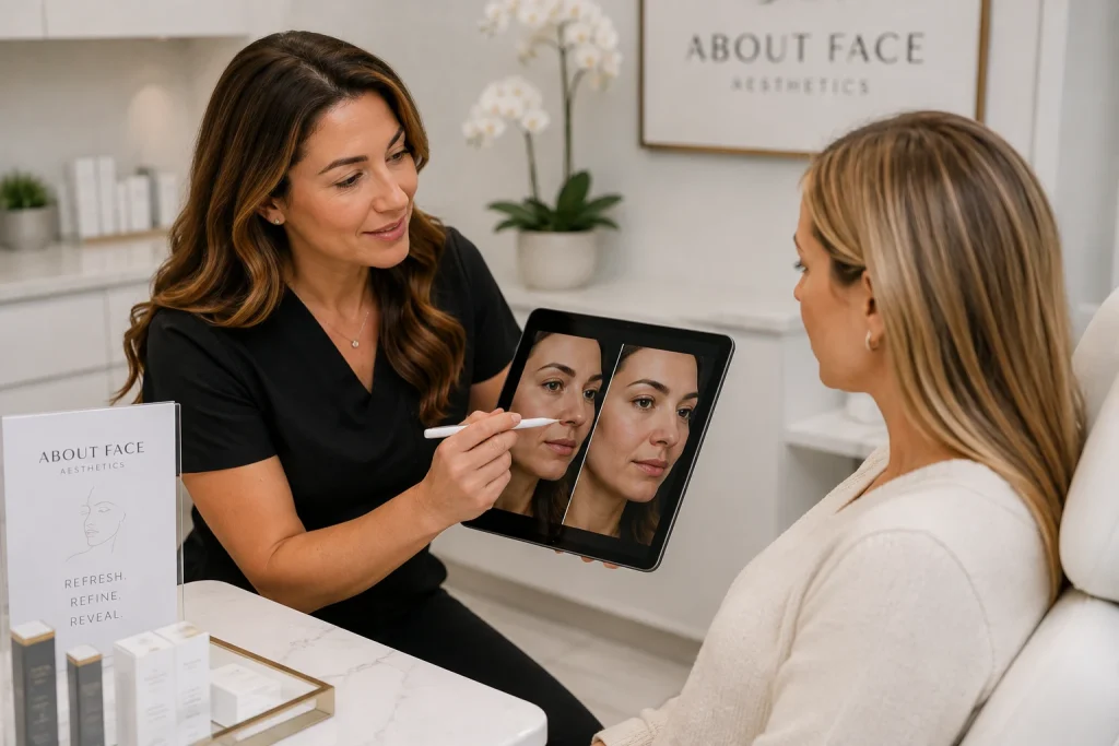 Aesthetic provider discussing a conservative facial treatment plan with a patient during a medical aesthetics consultation in Philadelphia.