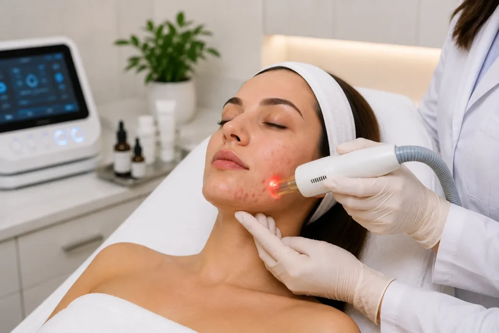 AviClear laser treatment being used on hormonal acne along the jawline at a Philadelphia aesthetic clinic