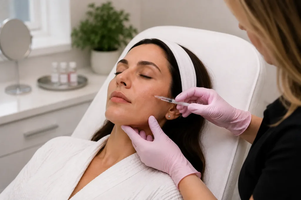Sculptra injectable treatment being performed on a patient’s cheek at a Philadelphia medical spa