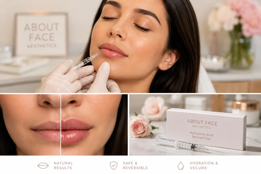 Woman receiving hyaluronic acid lip filler treatment with natural lip enhancement results at About Face Aesthetics.
